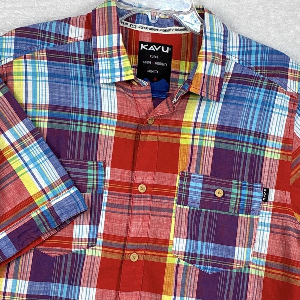 Kavu Camp Shirt Mens M Red Blue Plaid Outdoor Hiking Classic Preppy Beach Resort